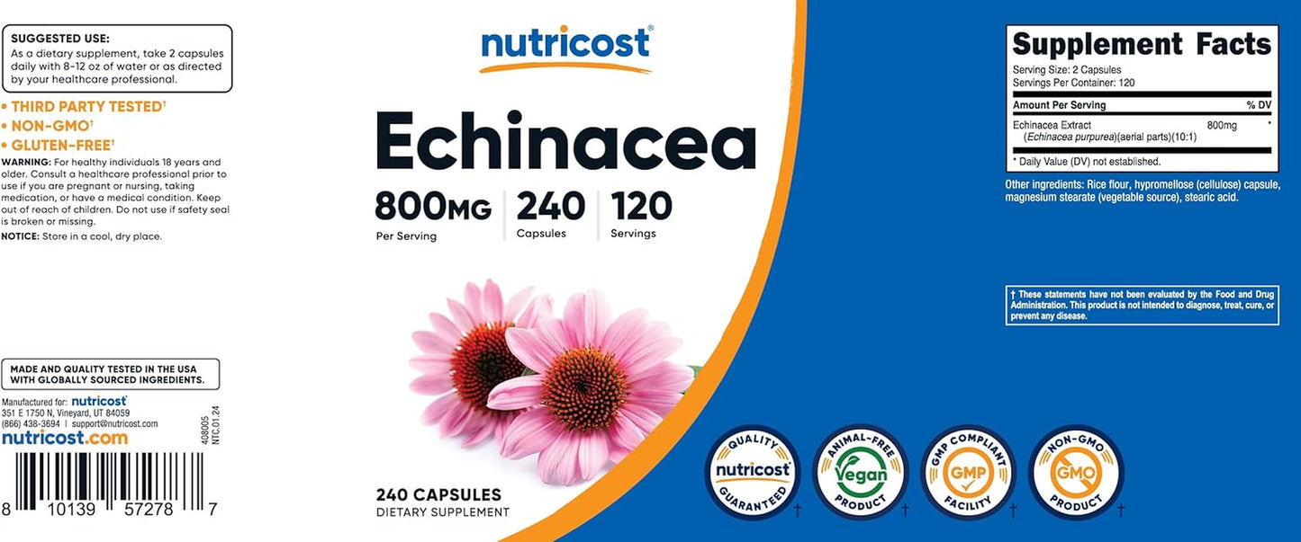 Echinacea 800Mg, 240 Capsules - Vegetarian Caps, Non GMO, Gluten Free, 120 Servings TLBH