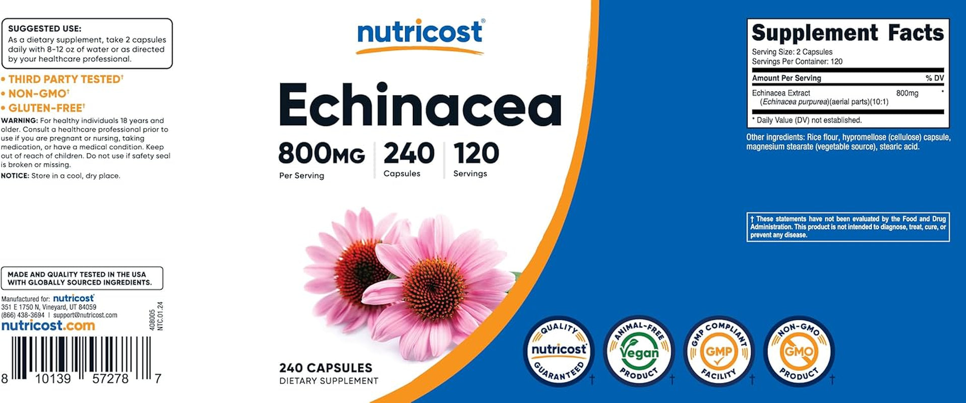 Echinacea 800Mg, 240 Capsules - Vegetarian Caps, Non GMO, Gluten Free, 120 Servings TLBH
