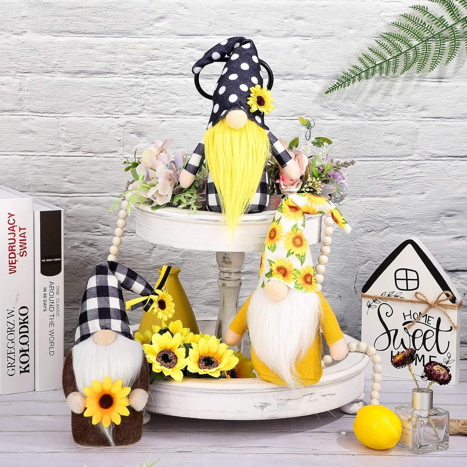 3 Pieces Fall Sunflower Swedish Gnomes Decor Sunflower Buffalo Plaid Rustic Tiered Tray Decorations Plush Tiered Tray Gnomes Ornaments for Home Garden Kitchen Decor