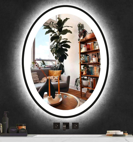 20 X 30 Inch Black Oval LED Mirror for Bathroom Wall Oval Lighted Vanity Mirror with Lights Black Frame Anti-Fog Dimmable 3 Color Front Lights Oval Smart Mirror 30" Black Oval Light up Mirror