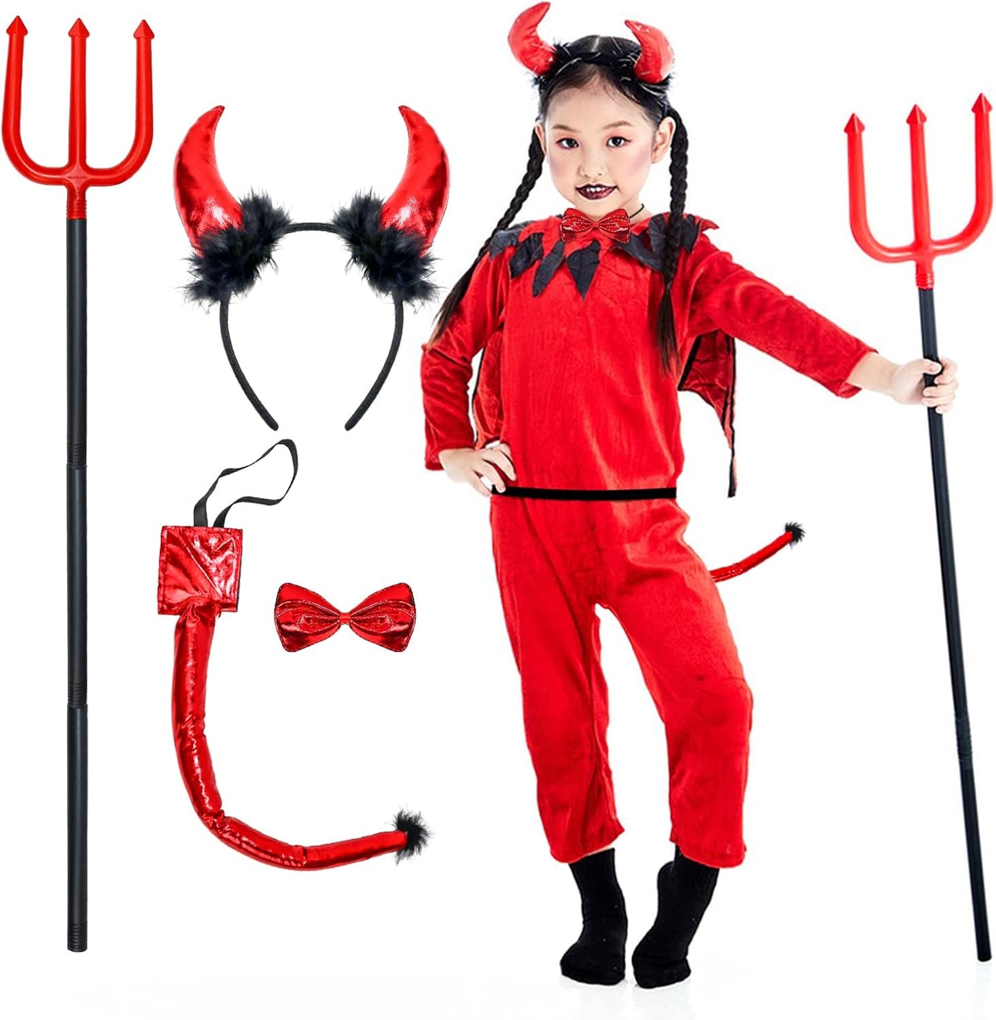 4 Pack Devil Costume Set Halloween Red Devil Pitchfork Horn Headband Tail Bowtie Demon Cosplay Accessories for Party Prop Costume