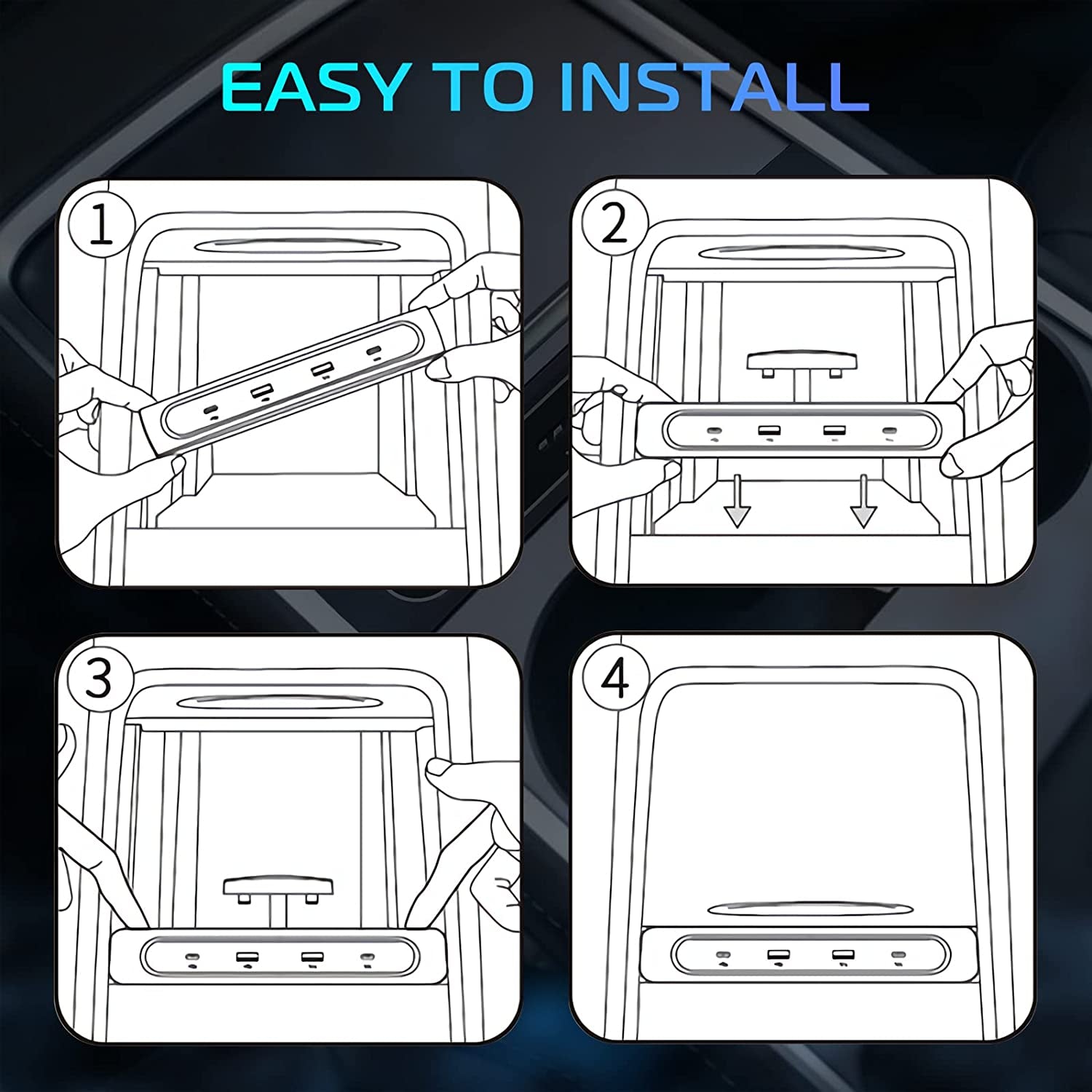 Car USB Charger Multi Port for 2021 2022 2023 2024 Tesla Model 3/Y | Tesla USB Hub with Blue Led Light | Tesla Model 3/Y Accessories 100% Fit Center Console Adapter | Tesla Phone Charger