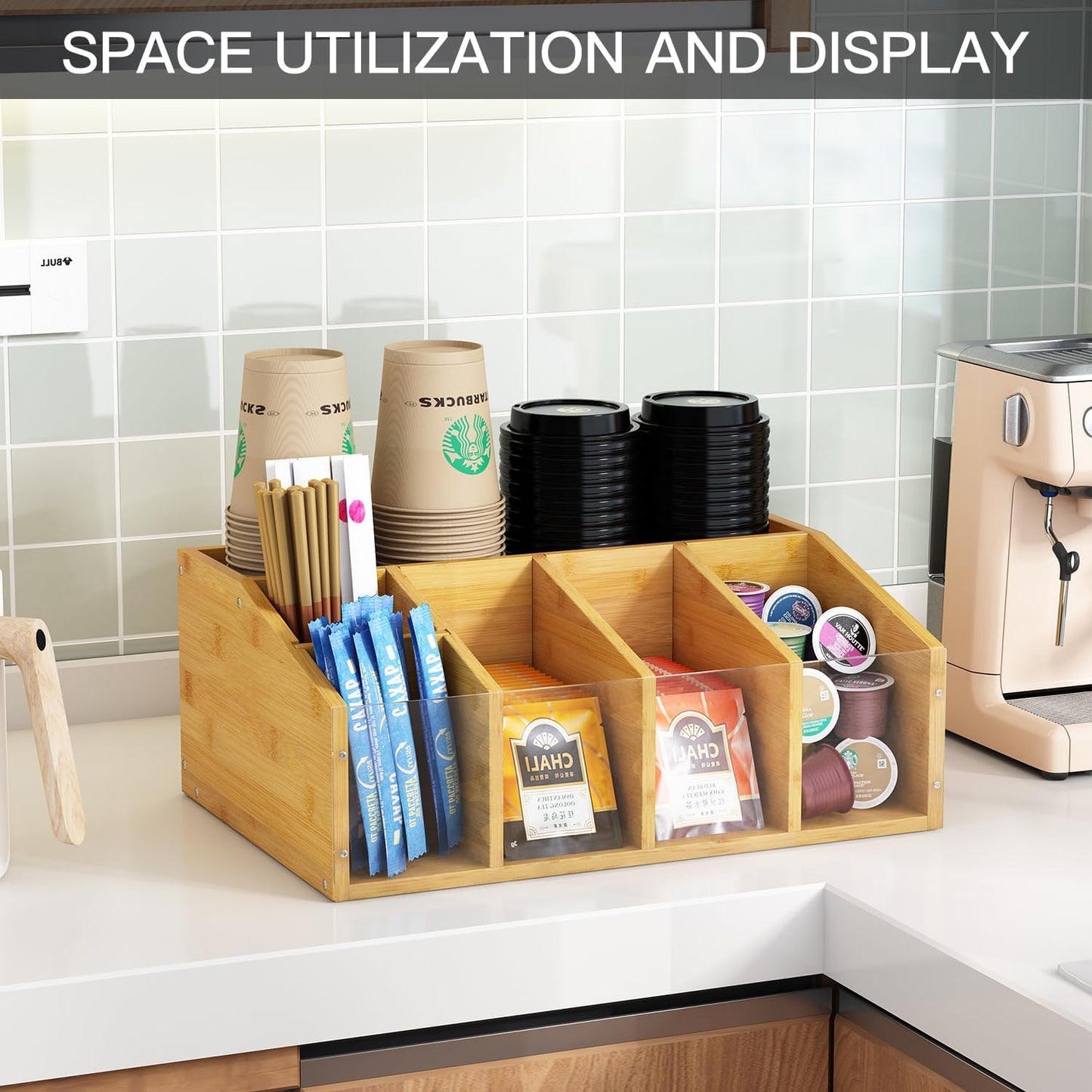 Coffee Station Organizer Coffee Bar Organizer for Countertop Farmhouse Coffee Caddy with Removable Dividers Office Coffee Bar Accessories and Organizer for Coffee Pods, Syrup, Cups, and Stirrer