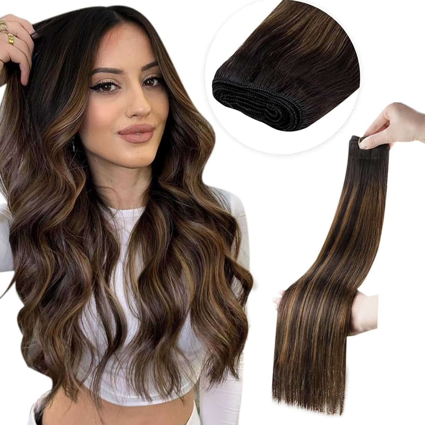 Weft Hair Extensions Human Hair Brown Sew in Weft Hair Extensions Balayage Dark Brown Mix Light Brown Sew in Hair Extensions Real Human Hair Double Weft Hair Extensions 24 Inch 120G