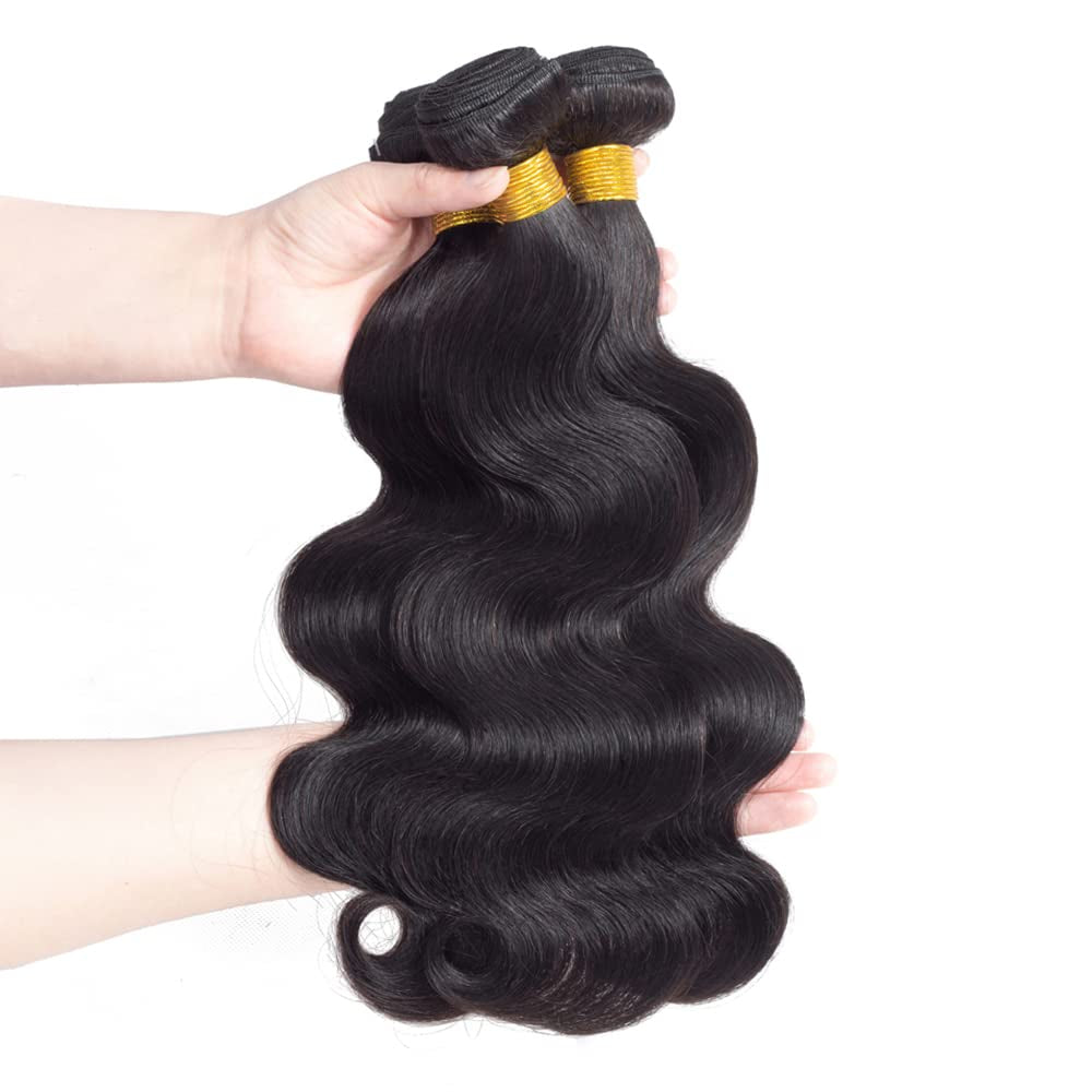 Body Wave Human Hair Bundles with Closure 100% Unprocessed Brazilian Virgin Human Hair 3 Bundles Body Wave with 4X4 Free Part Lace Closure Natural Black Hair Extension