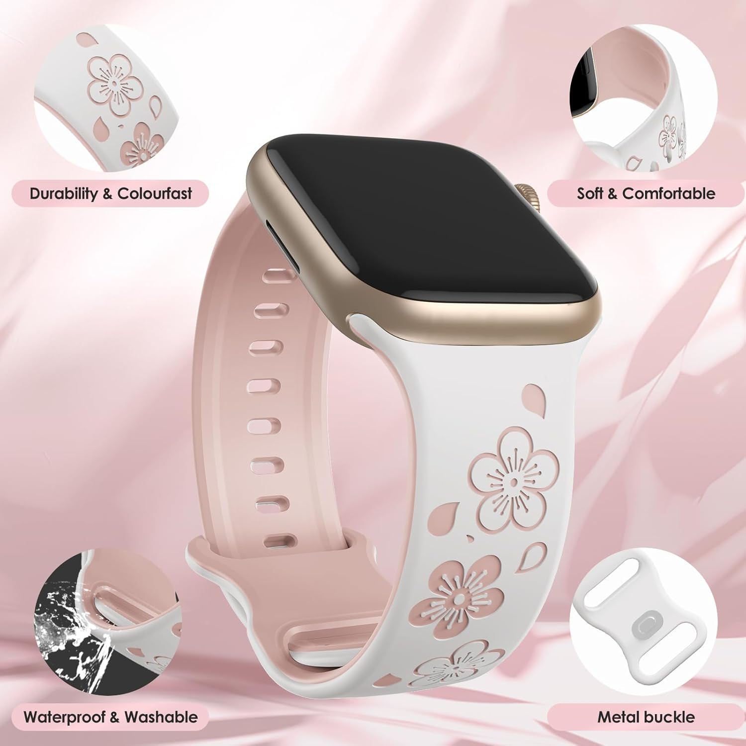Floral Engraved Bands Compatible with Apple Watch 38Mm 40Mm 41Mm 42Mm 44Mm 45Mm 46Mm 49Mm for Women,Two-Tone Cute Flower Soft Silicone Sport Strap for Iwatch Ultra Series 10 9 8 7 6 5 4 3 2 1 SE