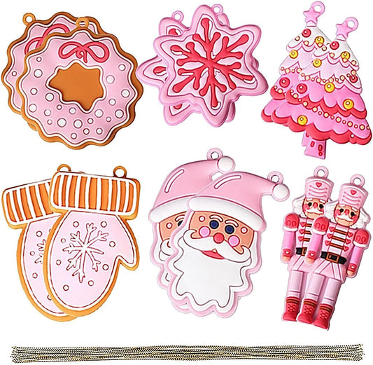 12 Pcs Pink Christmas Tree Hanging Ornament Cute Gingerbread Santa Claus Snowflake Decorations Figurines Christmas PVC Hanging Ornaments for Winter Xmas Holiday Party Favor Home Office Decor