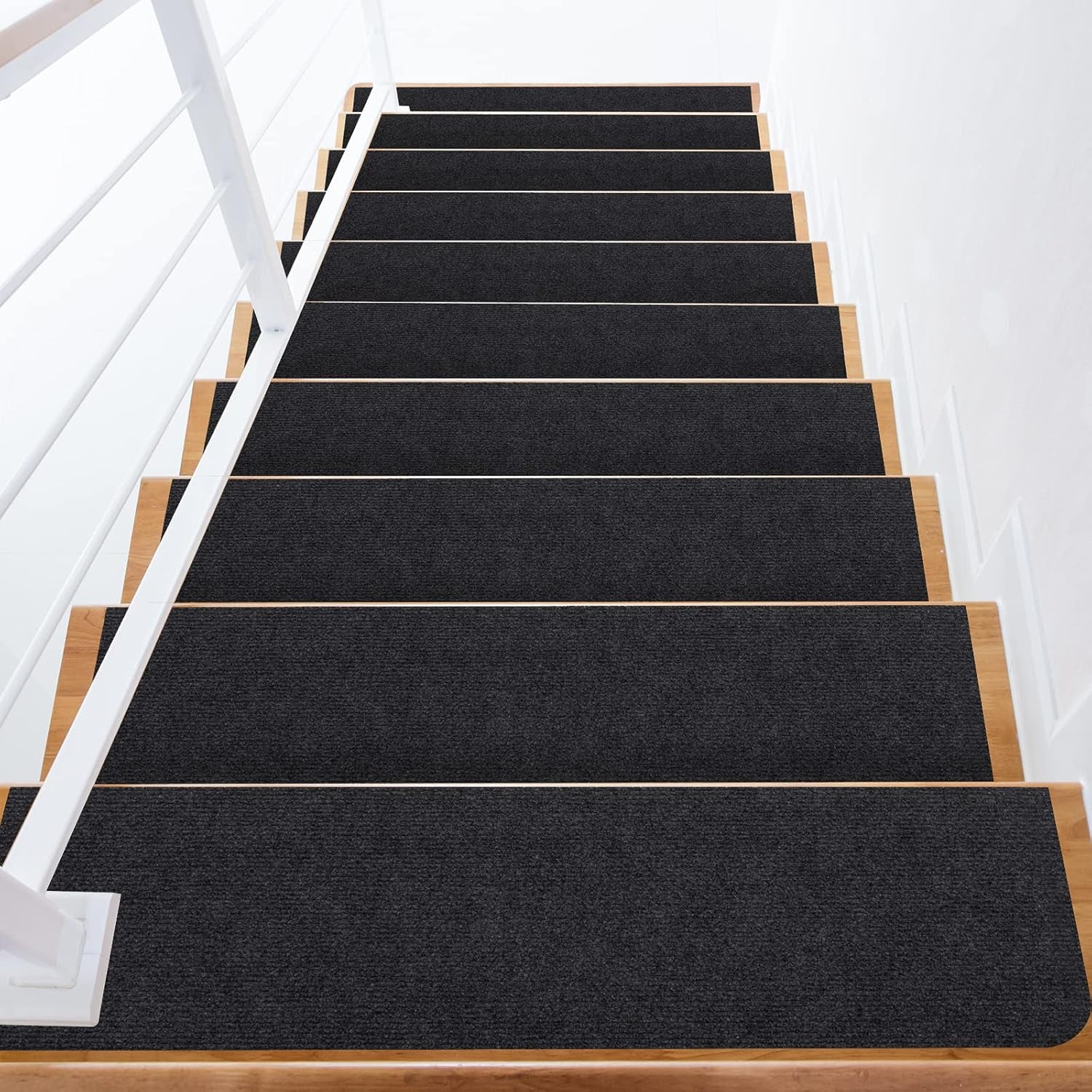 8X30In 15PCS Non-Slip Stair Treads Carpet, Self-Adhesive Stair Treads for Wooden Steps, Indoor Safety Staircase Step Treads, anti Slip Stair Runner Mats for Elders, Kids and Dogs (Black)