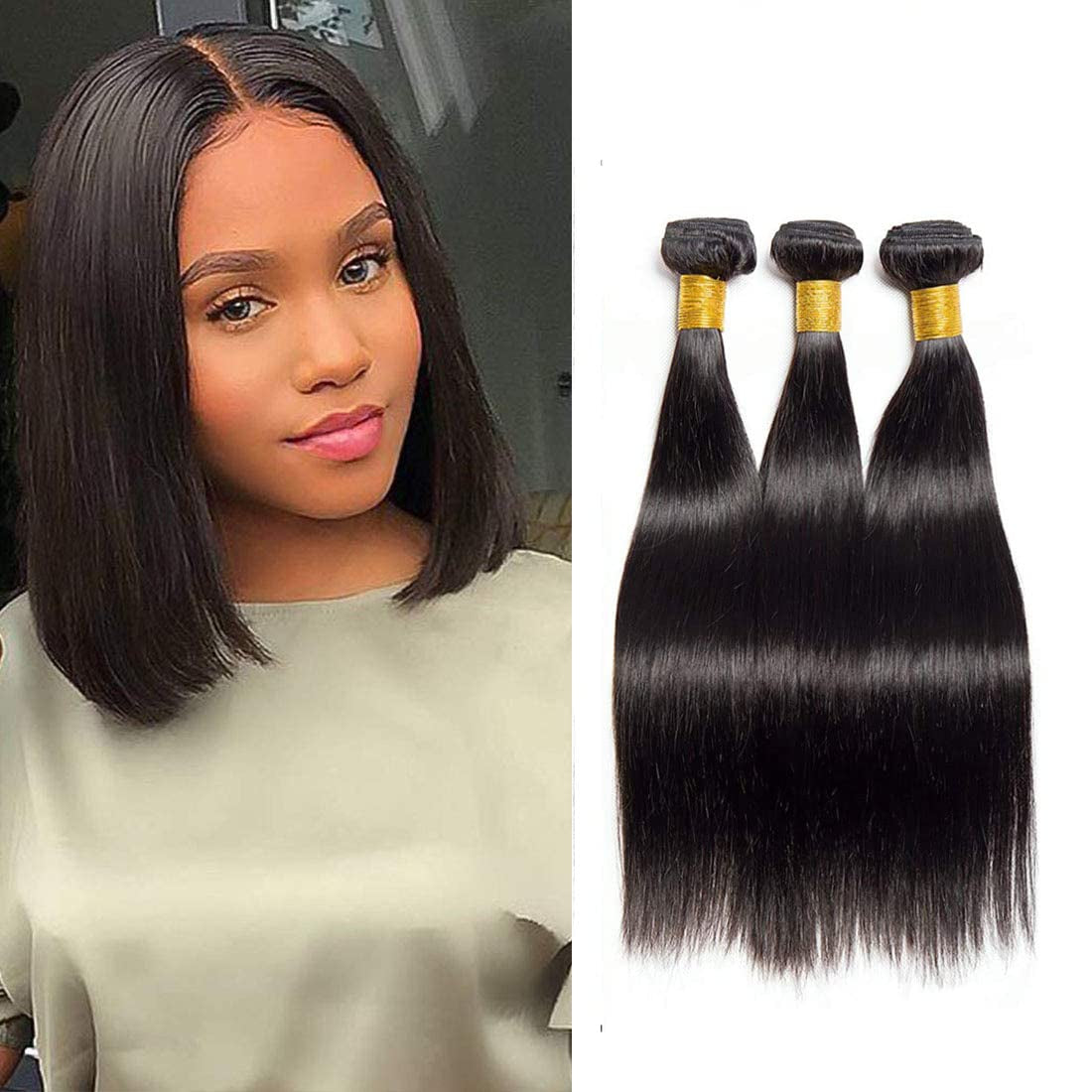 Straight Human Hair Bundles Weave 8 8 8 Inch 100% Unprocessed Brazilian Virgin Weave Hair Human Bundles for Women Remy Weft Short Human Hair 3 Bundles Straight Hair Extensions Natural Black Color