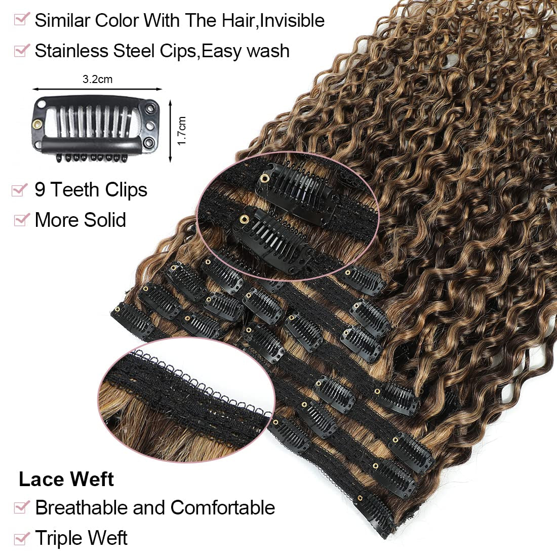Human Hair Clip in Extensions for Black Women 4/27 Water Wavy Curly Clip in Hair Extensions Real Human Hair 4/27 Chocolate Brown Mix Blonde  Highlight Clip Ins Natural Hair 10Pcs/120G