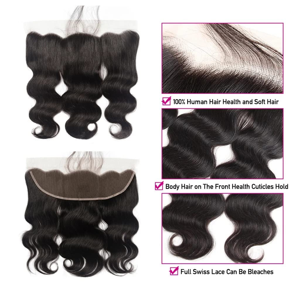 13X4 HD Lace Frontal Closures Body Wave Human Hair with Baby Hair Ear to Ear Transparent Lace Frontal Closure Human Hair 130% Density Brazilian Virgin Human Hair Pre Plucked Hairline