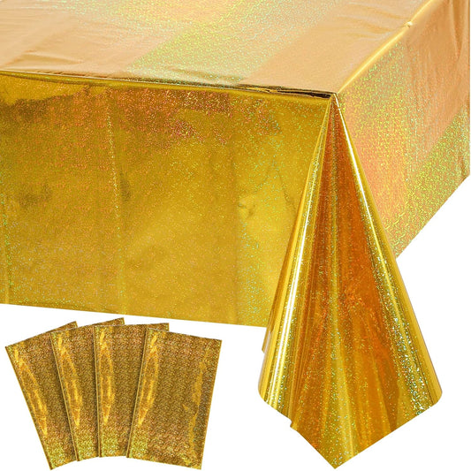 4 Pack Iridescence Plastic Tablecloths Shiny Disposable Laser Rectangle Table Covers Holographic Foil Tablecloth Iridescent Party Decoration Birthday Bridal Wedding Christmas 54" X 108" (Gold)