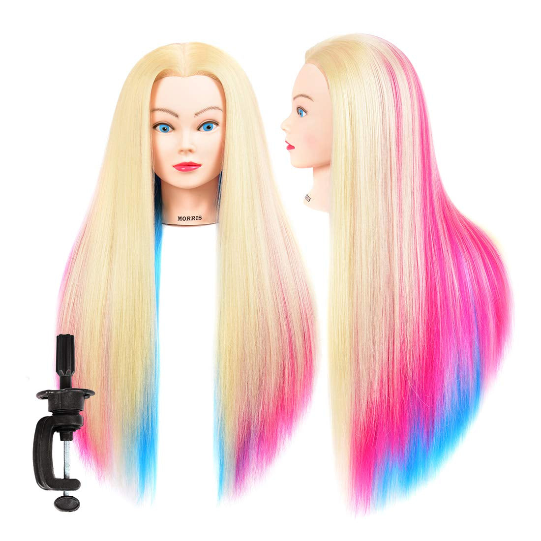 Mannequin Head with Long Synthetic Fiber Colorful Hair Styling Training Head 26-28Inch Manikin Cosmetology Doll Head Hairdressing Training Model for Cutting Braiding Practice and Free Clamp Holder