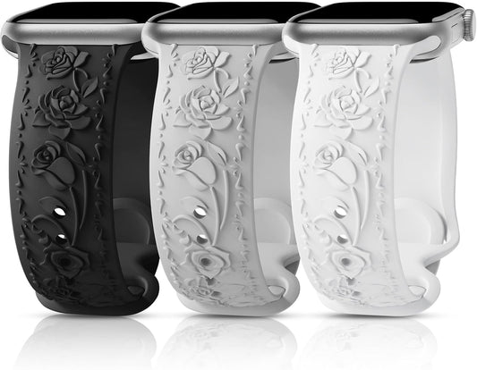 3 Packs Floral Engraved Bands Compatible with Apple Watch Band 40Mm 41Mm 38Mm 42Mm 44Mm 45Mm 49Mm Women, Soft Silicone Cute Embossed Rose Apple Watch Band for Iwatch Series 9/8/7/SE/6/5/4/3/2/1