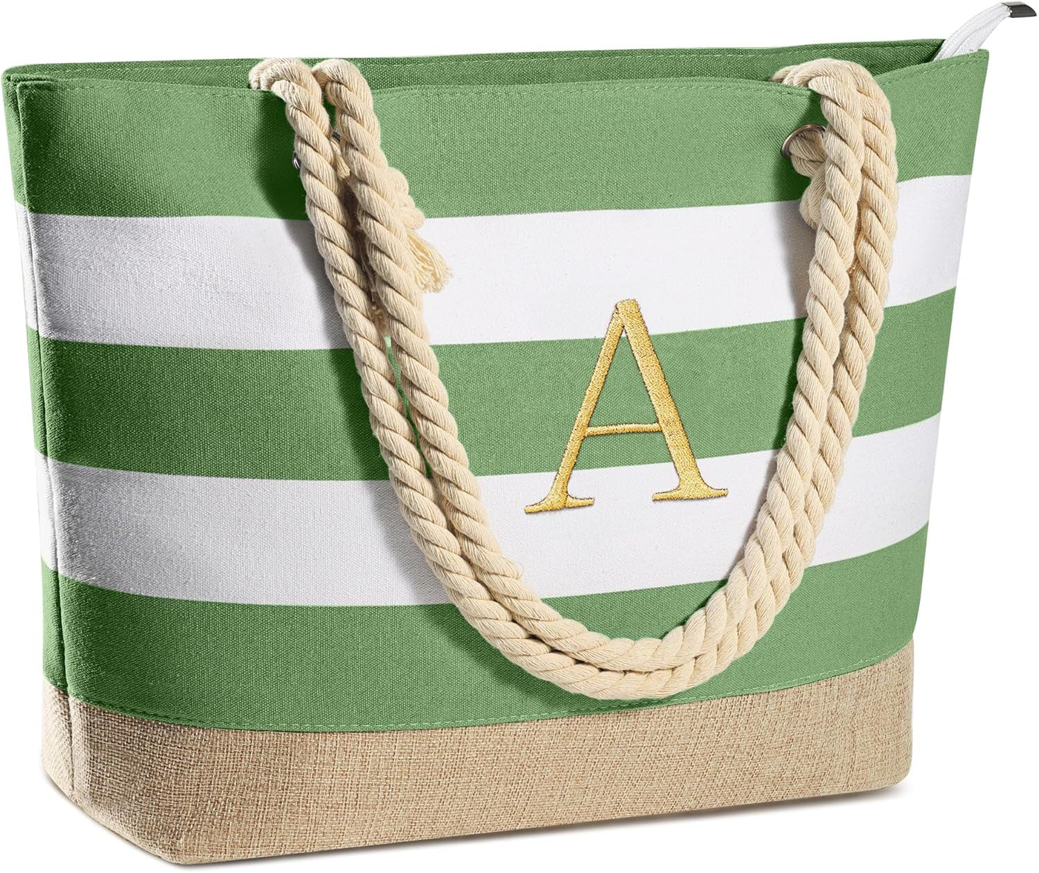 Initial Canvas Waterproof Beach Tote Bag Zipper Personalized Gifts for Women Her Birthday Travel Beach Essential