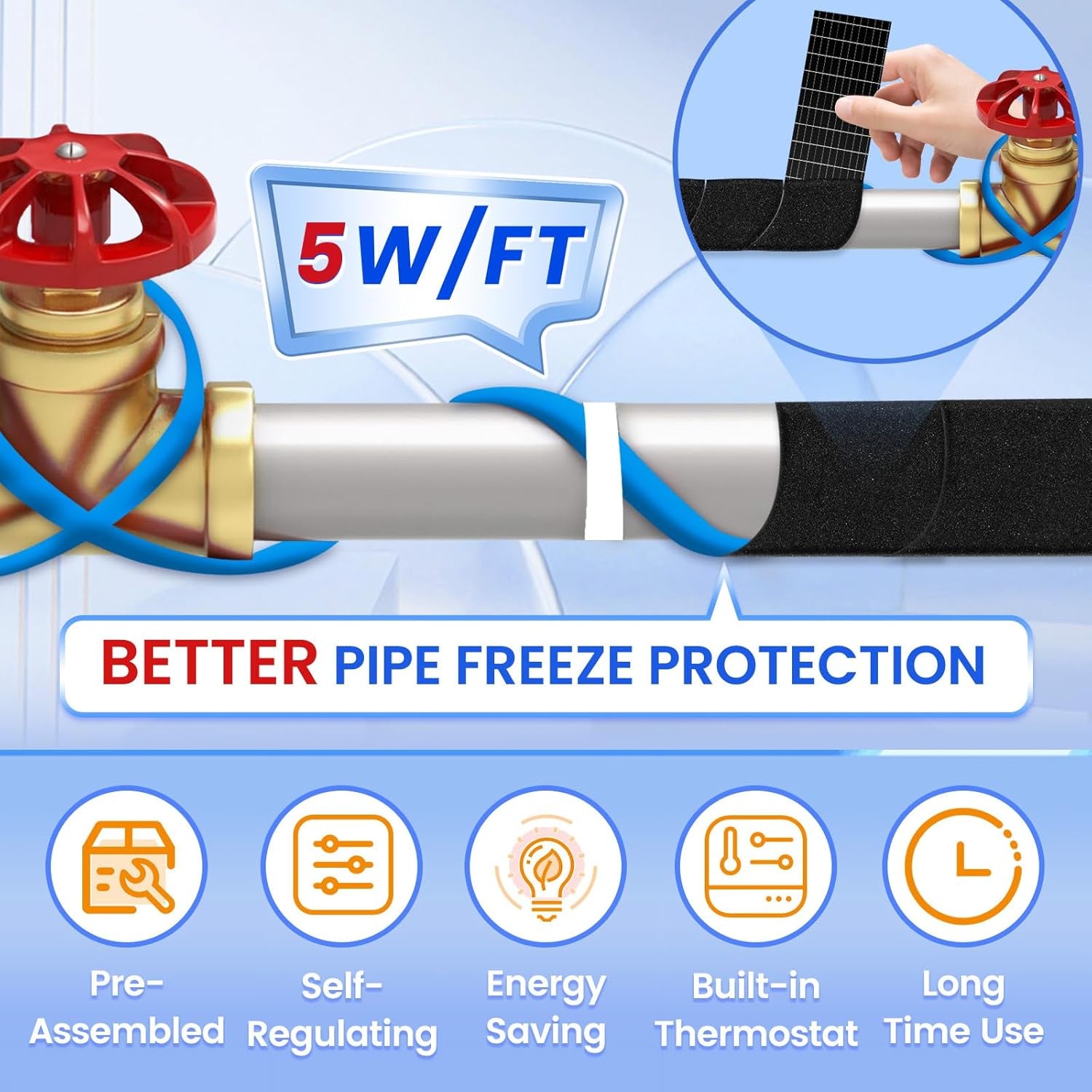 6Feet Water Pipe Heat Trace Kit with Thermostat for Pipe Freeze Protection, 8.2 Ft X 2 in Self-Adhesive Outdoor Water Pipe Insulation Tape for 120V Electric Pipe Heat Cable Anti-Freeze