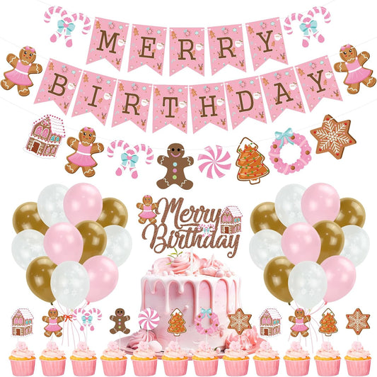 Pink Gingerbread Man Decorations,Christmas Merry Birthday Banner Cute Candy House Cake Topper Latex Balloons for Boys Girls Merry Birthday Birthday Party Supplies Baby Shower