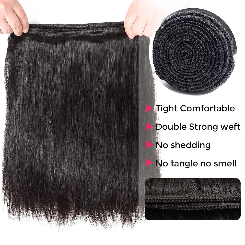 Straight Bundles with Closure Human Hair Bundles with Closure 4X4 Middle Part Lace Closure with Bundles Natural Black (24 26 26+20Inch Closure, Natural Black)…