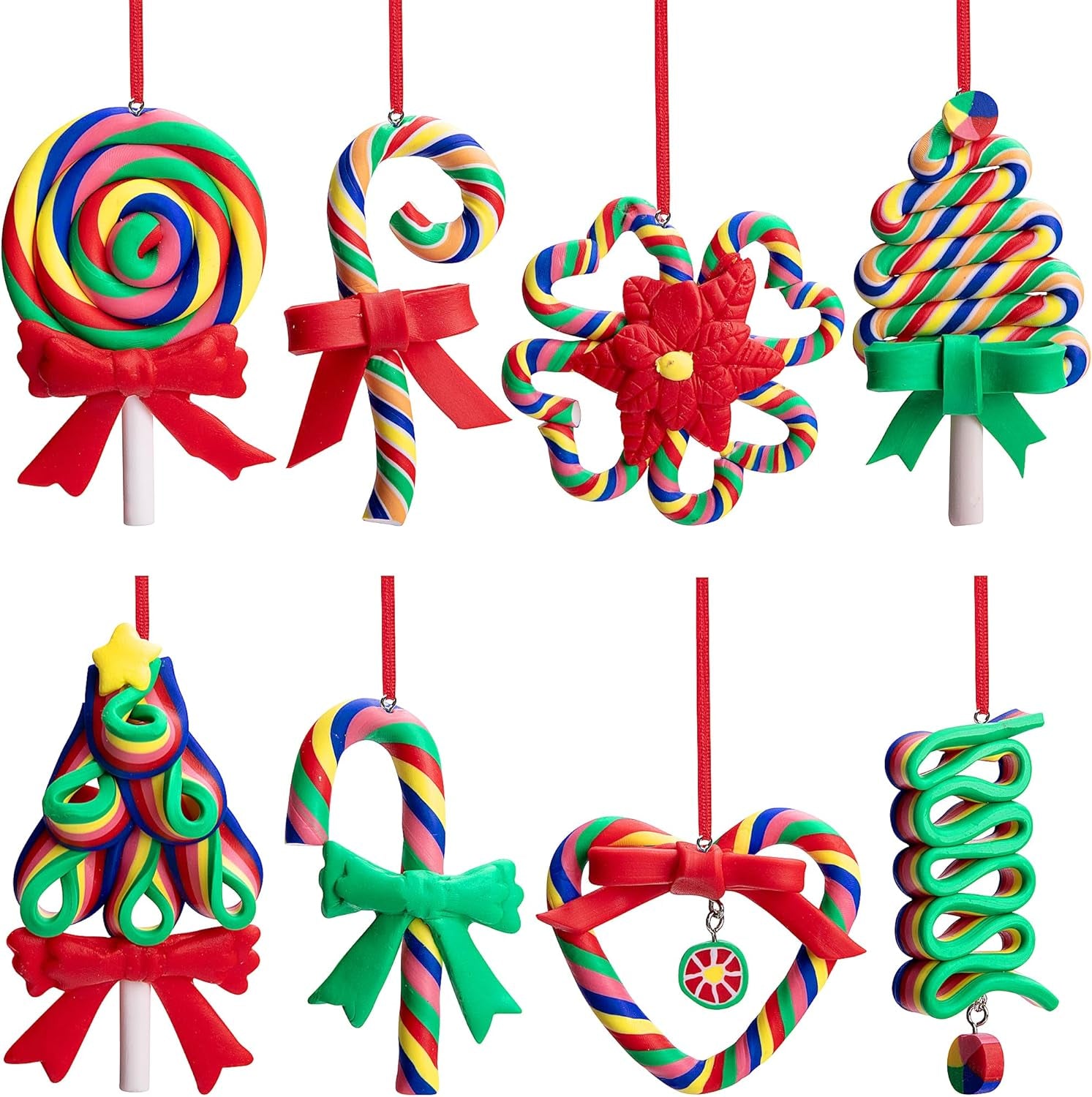 8 Pcs Christmas Lollipop Ornaments- Rainbow Candy Cane Hanging Ornaments for Christmas Tree- Christmas Candies Polymer Clay Ornament for Xmas Tree Party Decoration