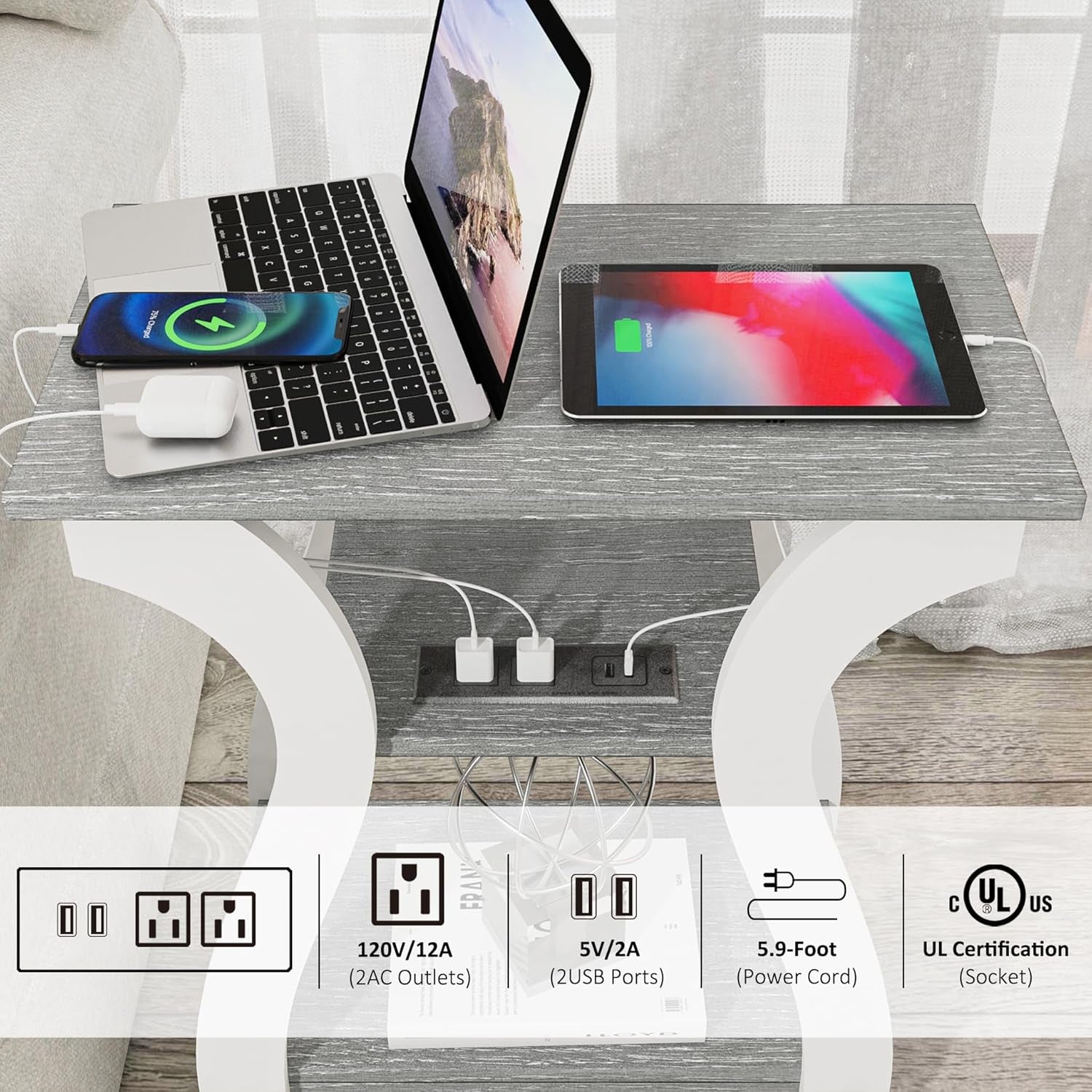 End Tables Living Room Set of 2, End Table with Charging Station, Grey End Table with Usb,Grey Side Table, Nightstand for Bedroom, 3 Tier End Table with Storage Shelf for Living Room Grey