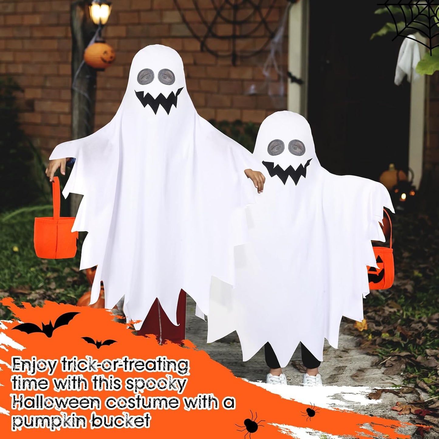Halloween Kids Ghost Costume Toddler Ghost Costume with Pumpkin Bucket for Boys Girls Cosplay Trick or Treating Party