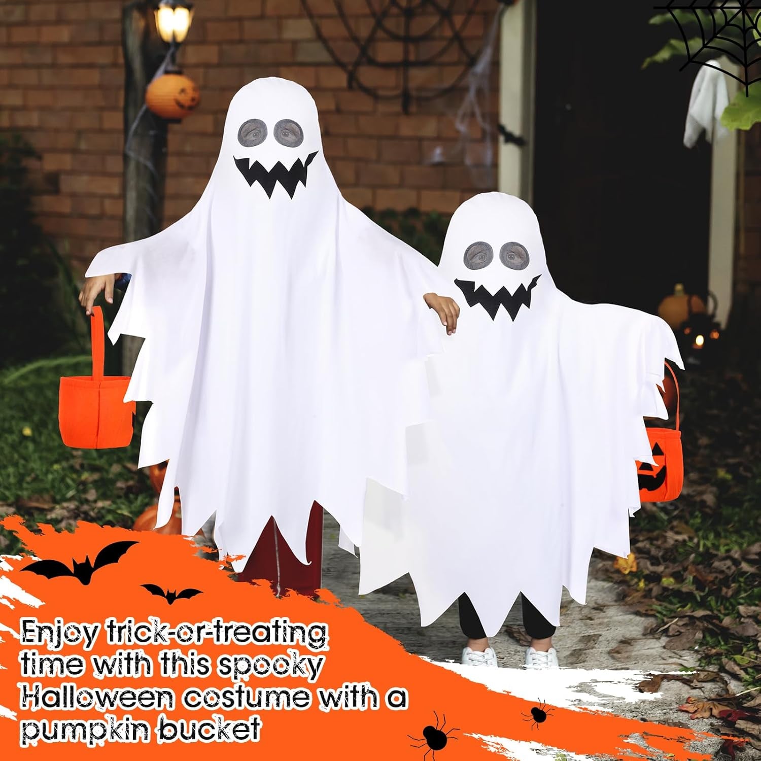 Halloween Kids Ghost Costume Toddler Ghost Costume with Pumpkin Bucket for Boys Girls Cosplay Trick or Treating Party