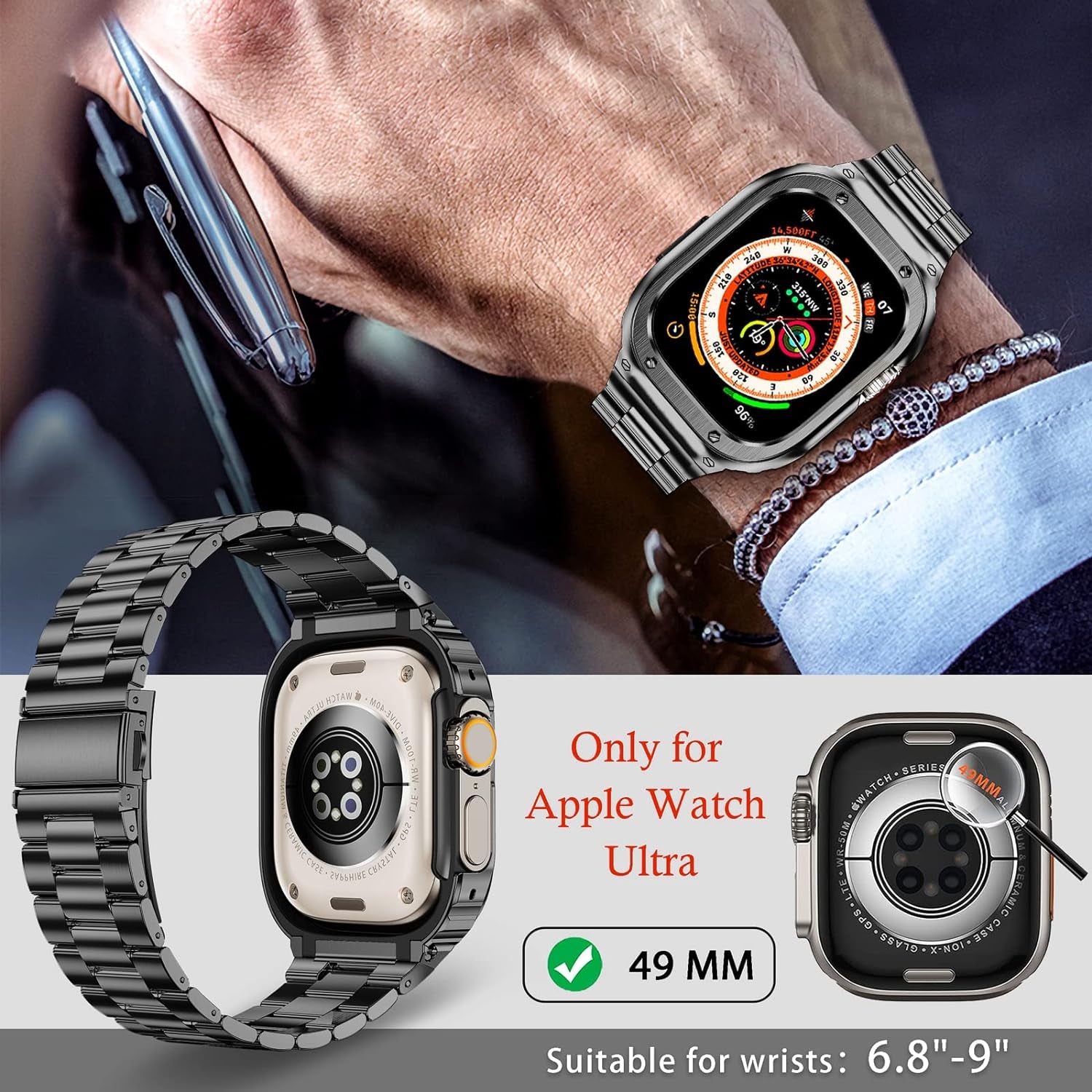 Stainless Steel Band and Case Compatible with Apple Watch Band 49Mm, Men Metal Protective Bumper Cover for Iwatch Ultra 2/1, Black