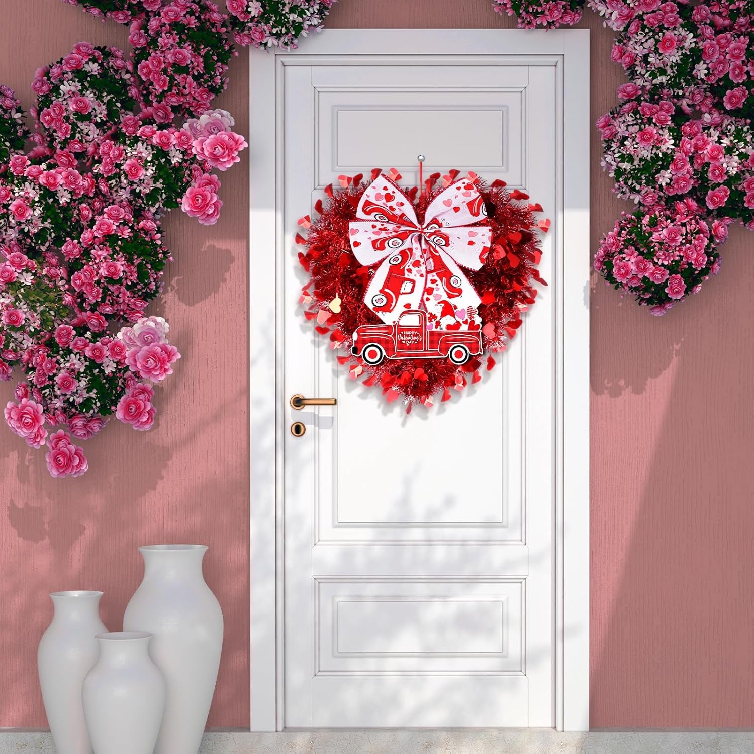 2 Pcs Valentine'S Day Heart Wreaths Decorations St. Patrick'S Lucky Shamrocks Door Wreath Heart Shaped Irish Clover Decor with Wooden Truck and Bow for Valentines Irish Front Door Wall Decor