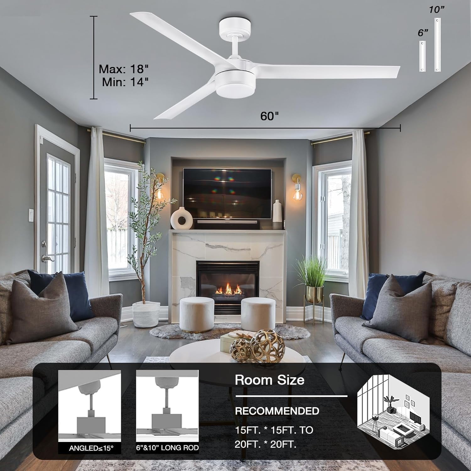 60” Large Smart Ceiling Fans with LED Lights and Remote,Quiet DC Motor,Dimmable,Outdoor Indoor Matte White Ceiling Fan Controlled by WIFI Alexa App,Modern 3 Blade for Bedroom Living Room Patio