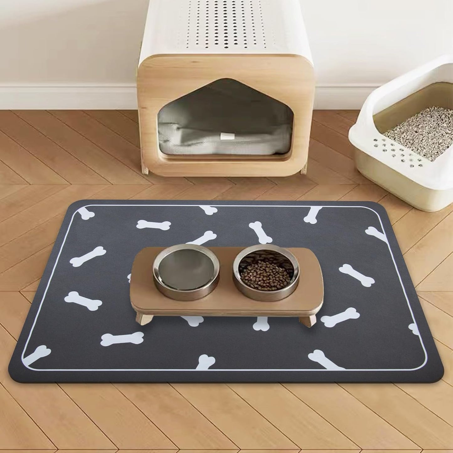 Dog Bowl Mat and Dog Feeding Mat, Dog Mat for Water Bowl, Absorbent Non-Slip Pet Water Bowl Mat Quick Drying Dog Food Mat Cat Matt for Food and Water(Brown+24.2X16.9In+Rectangular)