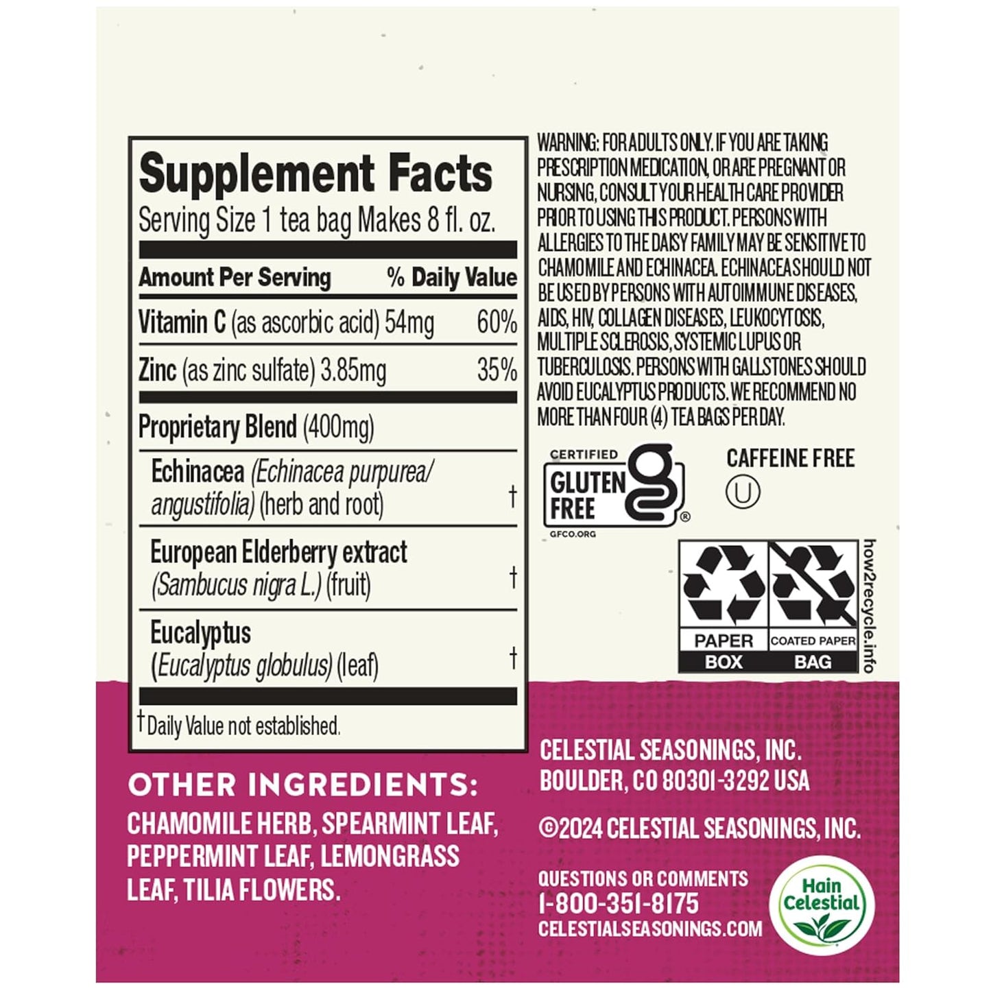 Sleepytime Wellness Echinacea Immune Boost, Caffeine Free, 20 Tea Bags Box TLBH