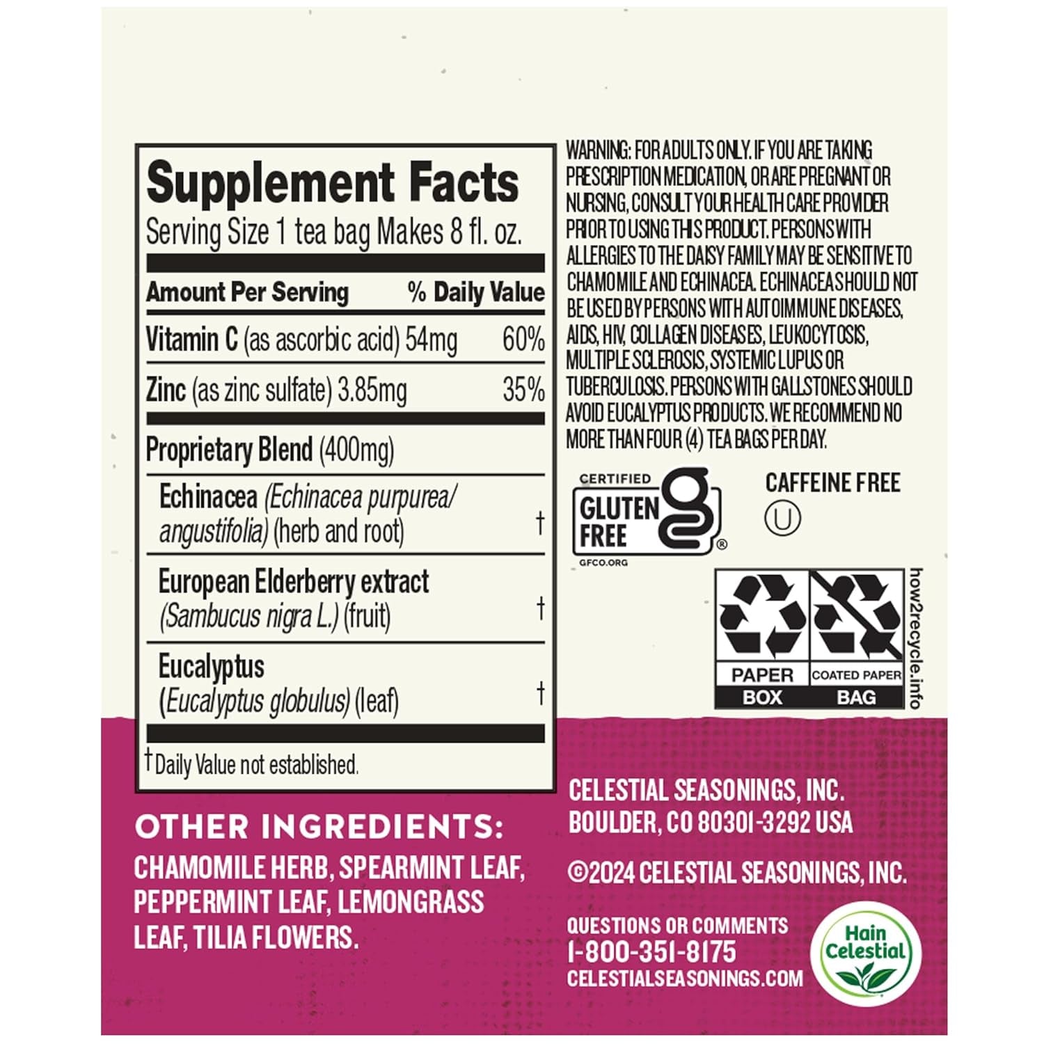 Sleepytime Wellness Echinacea Immune Boost, Caffeine Free, 20 Tea Bags Box TLBH