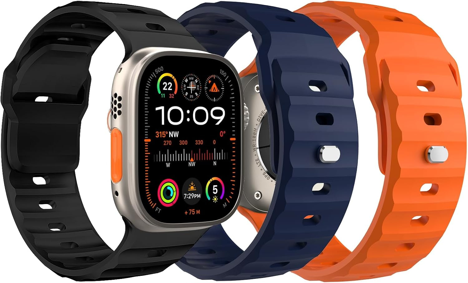 Sport Band Compatible with Apple Watch 42/44/45/46/49Mm, 3Pcs Soft Silicone Replacement Watch Strap Fit Iwatch Ultra 2 Ultra SE Series 10 9 8 7 6 5 4 3 2 1, Large, Black/Midnight Blue/Orange