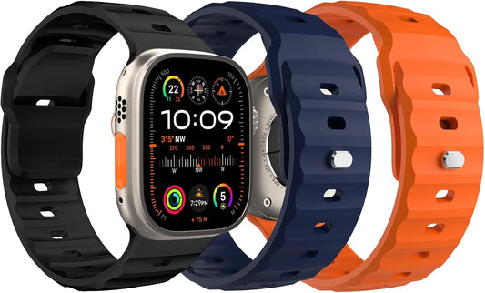 Sport Band Compatible with Apple Watch 42/44/45/46/49Mm, 3Pcs Soft Silicone Replacement Watch Strap Fit Iwatch Ultra 2 Ultra SE Series 10 9 8 7 6 5 4 3 2 1, Large, Black/Midnight Blue/Orange