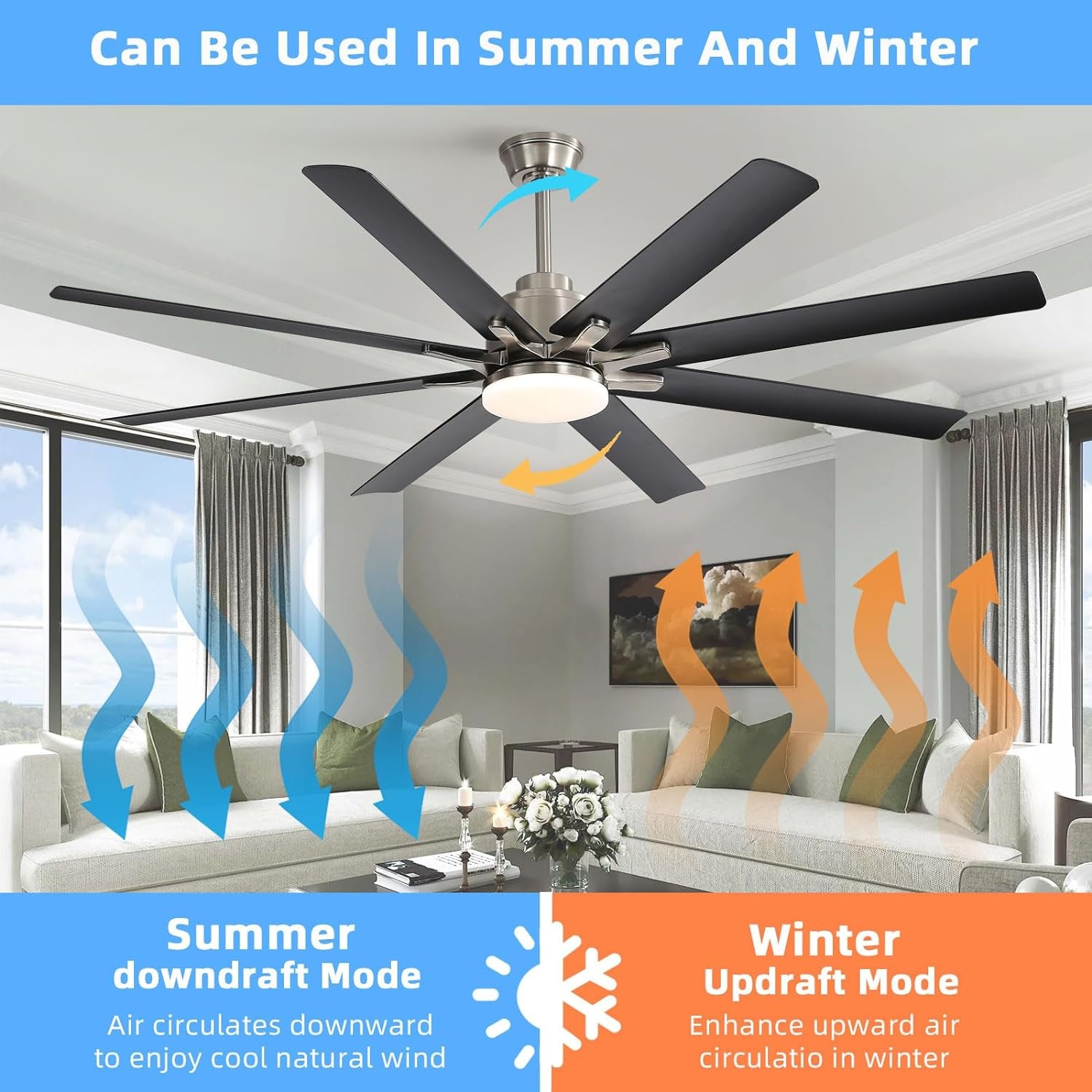 66 Inch Black Ceiling Fans with Lights and Remote, Indoor Outdoor Mordern Smart Ceiling Fan with Reversible Quiet DC Motor, 6 Speed, 8 Blades for Living Room Bedroom Patios Balcony
