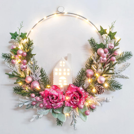 Christmas Wreath Decor -18Inch Christmas Pink Wreaths for Front Door with Ball Ornament Pine Needles Berries,Prelit Pink Christmas Door Wreath 40 LED Lights,Wall Fireplace Mantle and Porch Decoration