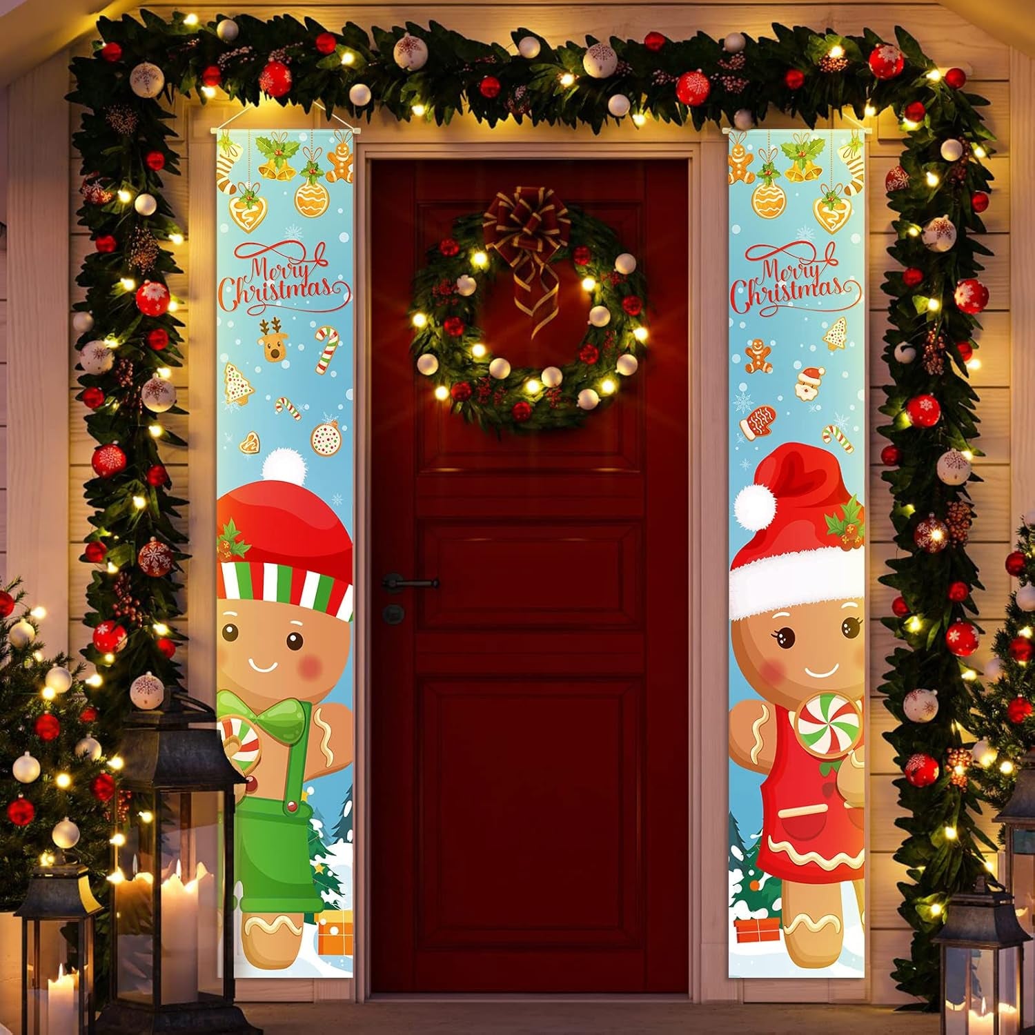 2 Pcs Christmas Porch Sign Gingerbread Door Sign Banner Christmas Hanging Door Banner for outside Indoor Outdoor Home Front Porch Holiday Xmas Decorations Gingerbread Party Supplies