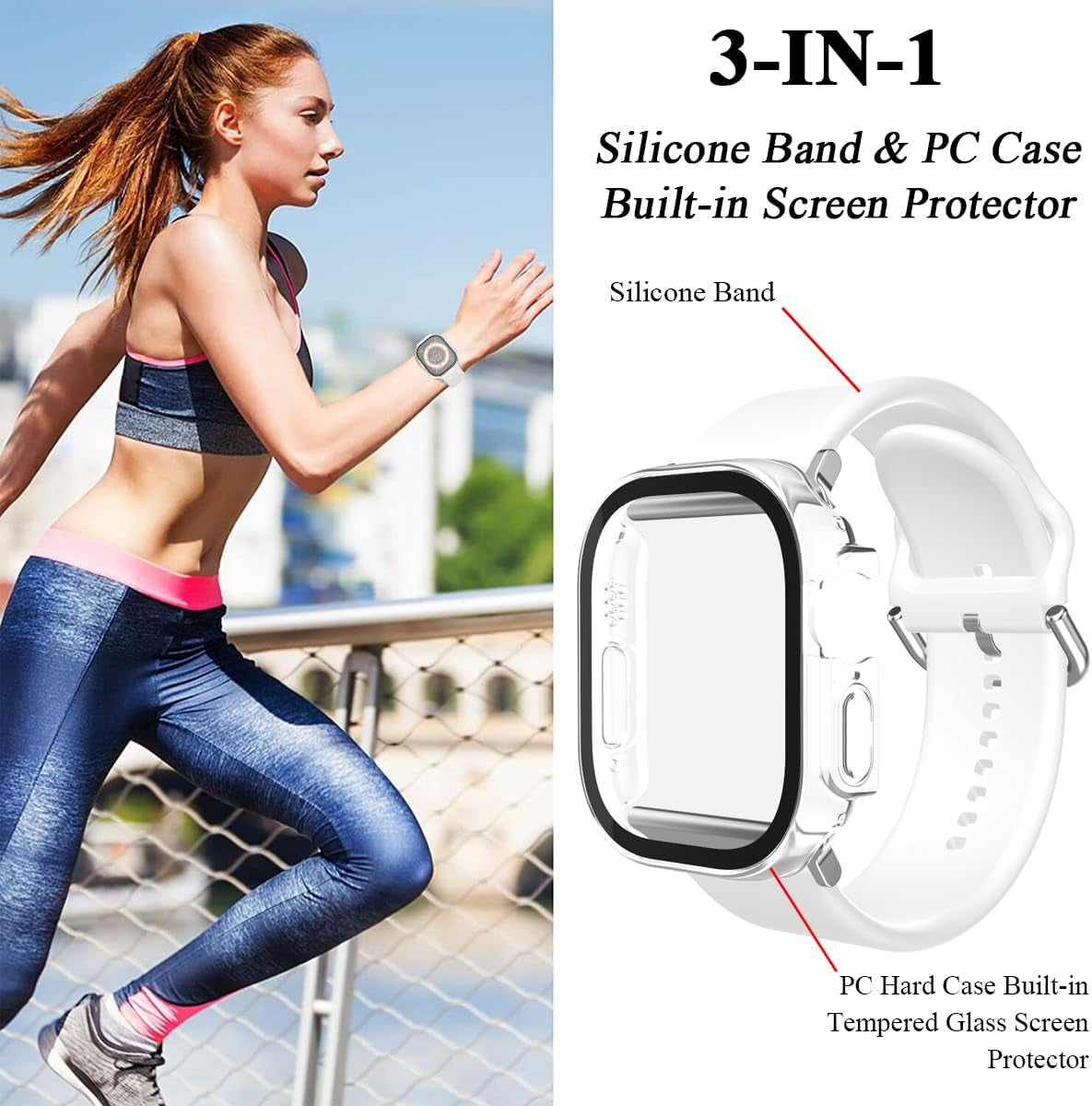 For Apple Watch Ultra 2 Band 49Mm and Case, for Apple Watch Ultra Silicone Soft Comfortable Strap with PC Hard Cover Built-In Tempered Glass Screen Protector for Iwatch Ultra