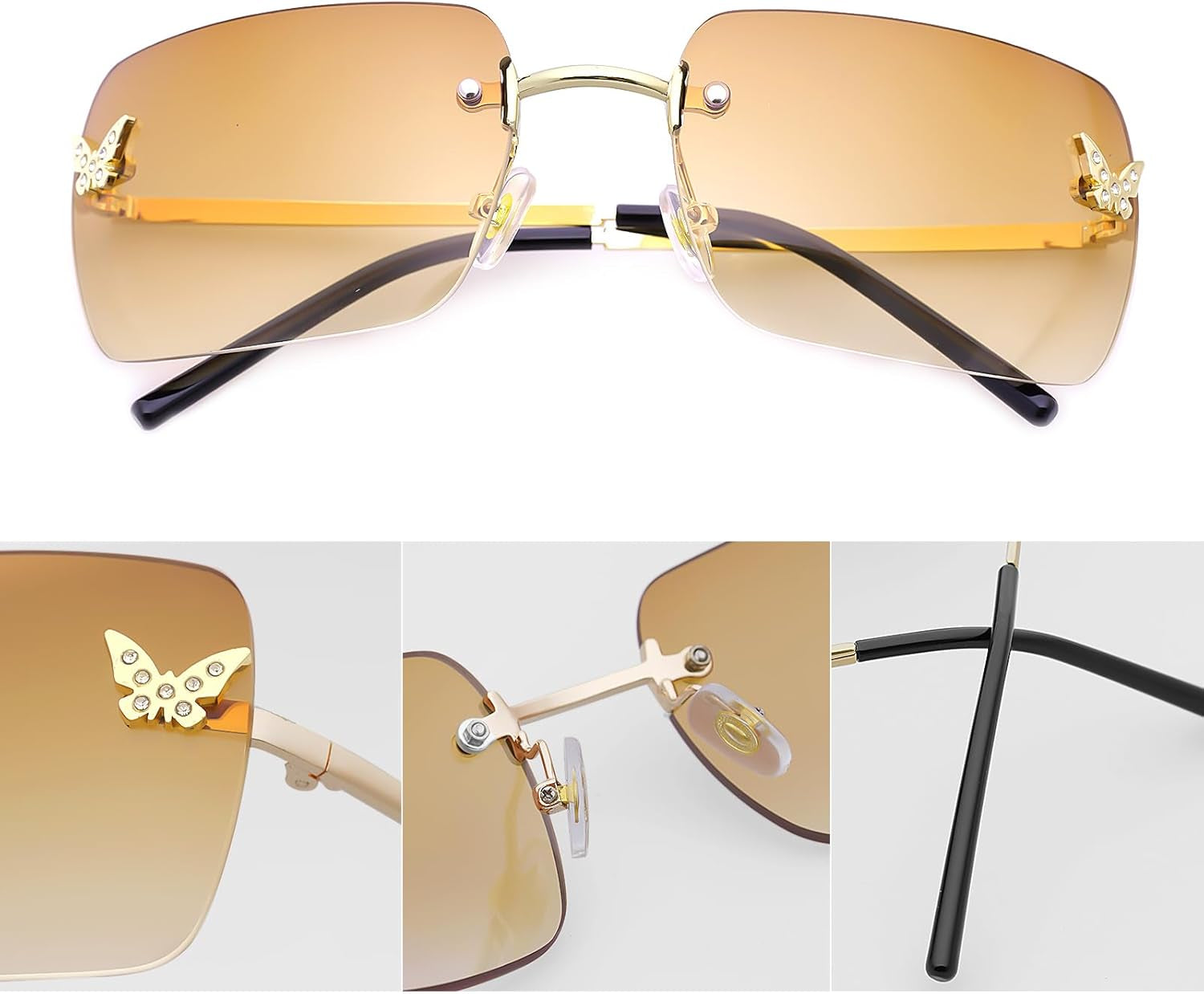 Rimless Rectangle Y2K Sunglasses for Women Men Cute Small Clear Frameless Tinted Lens 2000S Fashion Shades Butterfly