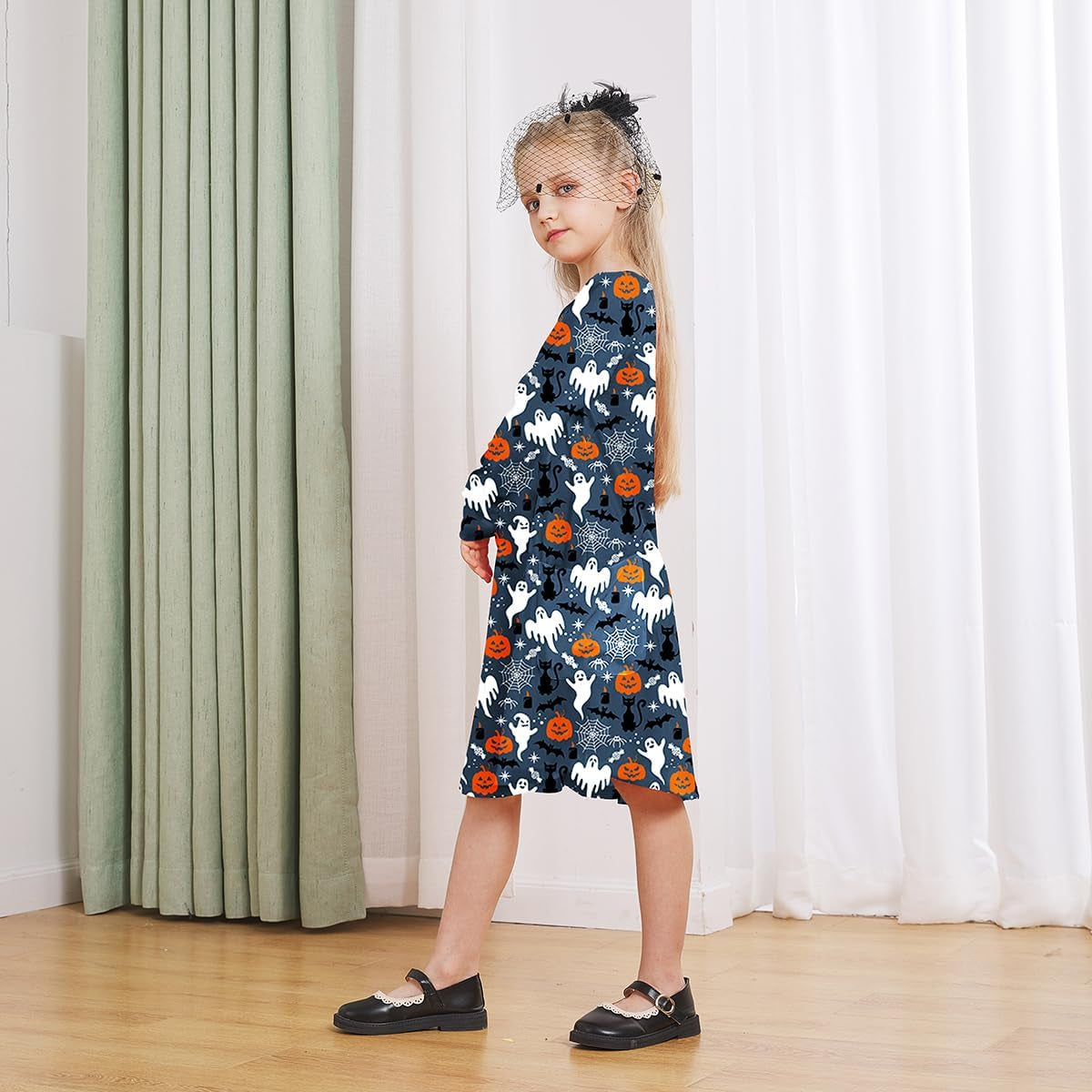 Girls Halloween Costumes Dresses for Kids Costume Dress Long Sleeve Printed Shirt Dresses with Pockets