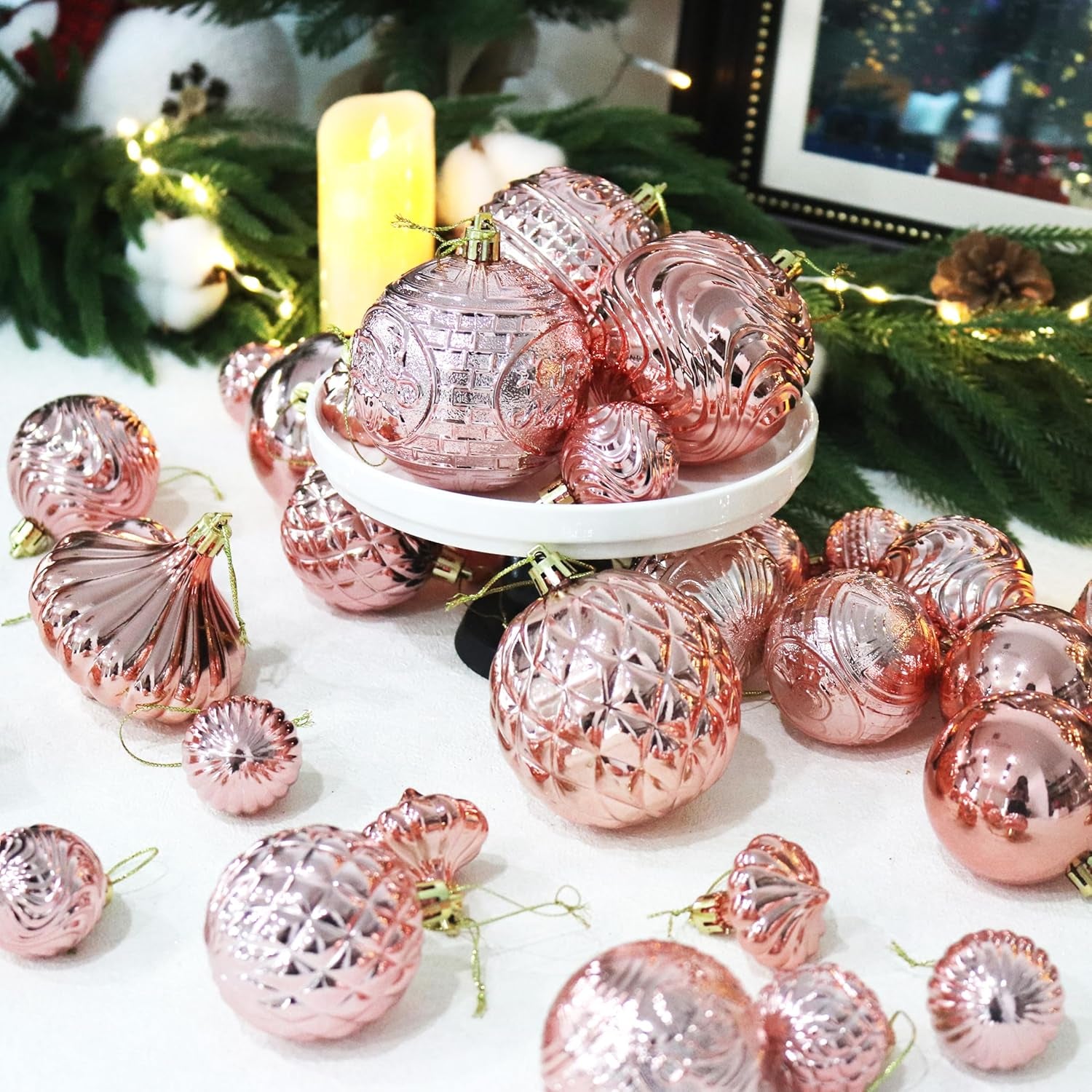 Christmas Ornaments Set with 36Pcs Shatterproof Christmas Tree Decorations Multi-Size Christmas Ball Ornaments with 7 Styles Rose Gold