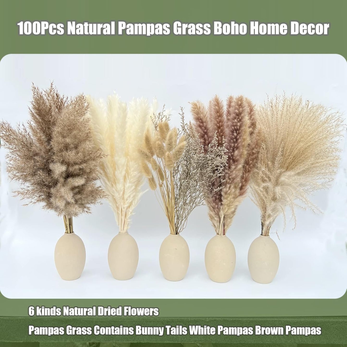 100Pcs Pampas Grass Boho Home Decor 17 Inch Natural Dried Flowers-Pampas Grass Contains Bunny Tails White Pampas Brown Pampas.Boho Decor for Farmhouse Wedding Boho Wall Bathroom Office Kitchen…