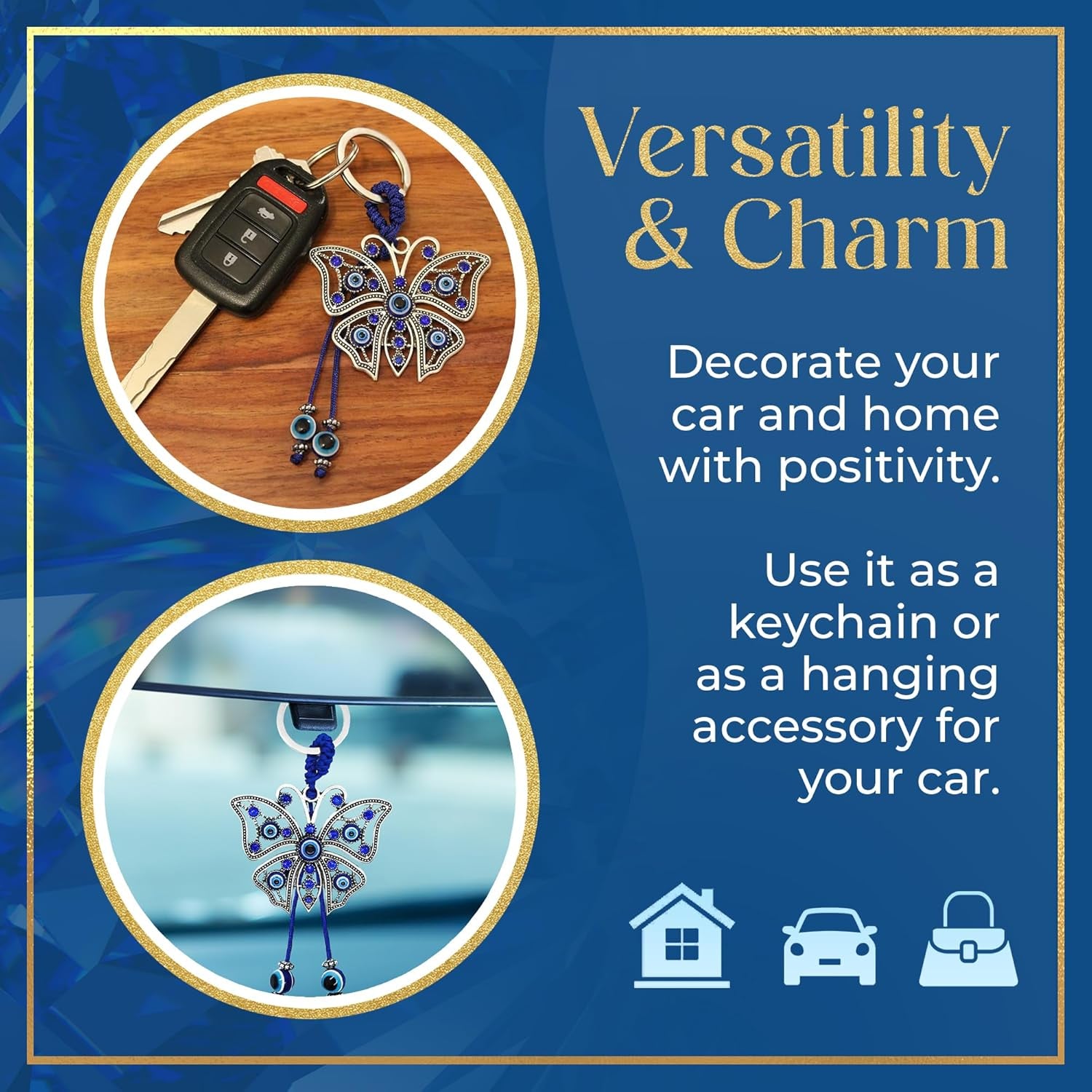 Evil Eye Keychain for Women - Blue Butterfly Keychain with Rhinestones, Purse Charms, Bag Decorations, Evil Eye Car Accessories, Rear View Mirror & Home Ornament, Evil Eye Gifts