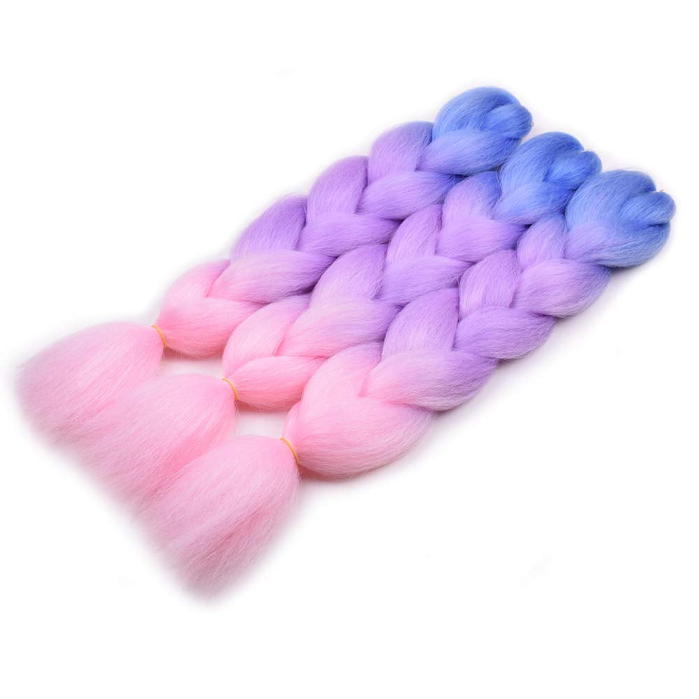 Ombre Braiding Hair Kanekalon Braiding Hair Extensions Pink 3Pcs Jumbo Braiding Hair for Box Braids 24Inch Blue/Purple/Pink