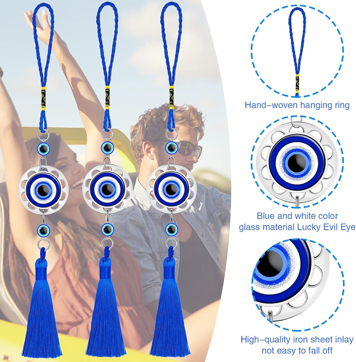 Lucky Evil Eye Car Hanging Ornament Blue Resin Evil Eye Beads Charm Pendant Blue Eyes Tassel Rear View Mirror Hanging Accessories Evil Eye Protection Pedant Charms for Car Home Decors (6 Pieces)