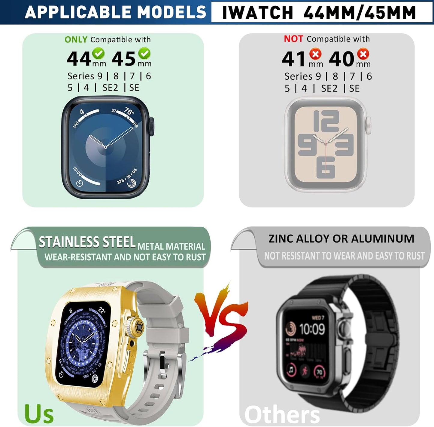 Premium Watch Band Compatible with Apple Watch Series 9/8/7/SE2/6/5/SE/4, Stylish, Durable, and Enhanced Protection for Your Device - Metal Iwatch 44Mm/45Mm Protective Case