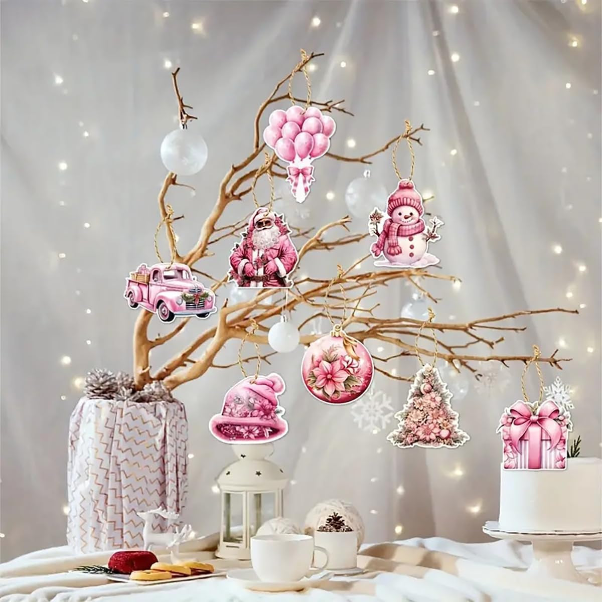 16 Pcs Christmas Tree Ornaments Set Pink Christmas Decorative Hanging Ornaments Xmas Tree Santa Claus Bell Snowman Cardboard Christmas Ornaments for Christmas Tree Xmas Party Decoration Supply