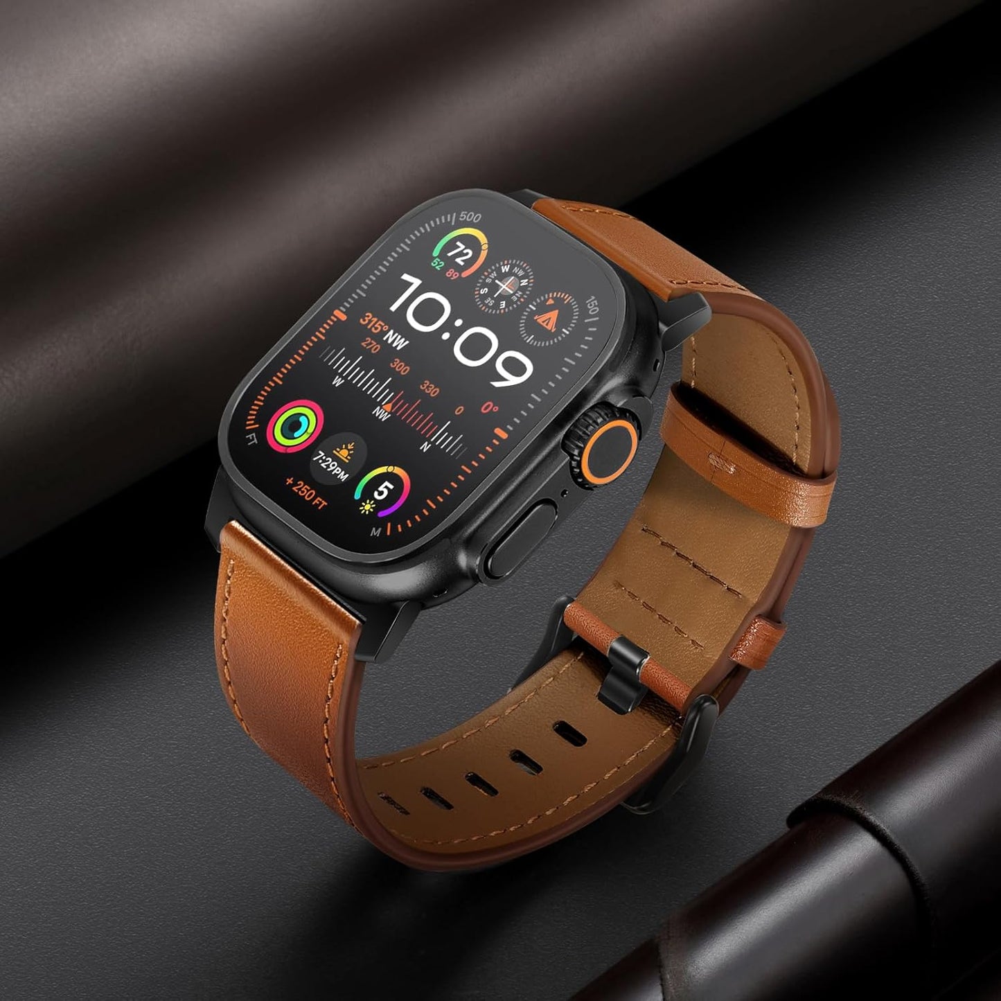 Compatible with Apple Watch Ultra 2 / Ultra Band 49Mm 46Mm 45Mm 44Mm 42Mm Men, Genuine Leather Band Strap for Iwatch Ultra Series 10 9 8 7 6 5 4 3 2 1 SE, Brown/Black