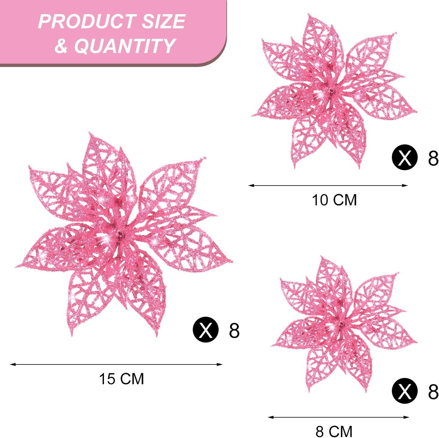 24 Pieces Christmas Poinsettia Tree Ornament Flowers Christmas Decor Glitter Ornament, 3/4/6 Inches(Pink)