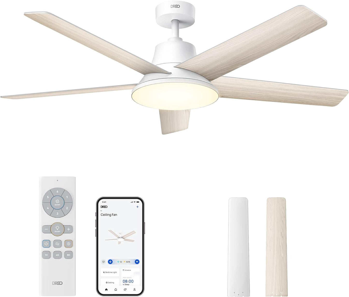 Smart Ceiling Fan with Lights, 52 Inch, 12 Speeds & 3 Fan Modes, Stepless Color Tones, Dimmable LED Light, 12H Timer, Quiet DC Motor, Remote/App/Alexa Control, White Ceiling Fans Indoor